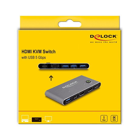 DeLOCK HDMI KVM Switch 8K 60 Hz con USB 5 Gbps, 7680 x 4320, 3 puertos HDMI, Antracita