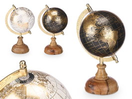 Giftdecor Globo Terraqueo 12,5 cm Blanco, Negro y Oro con Base de Madera y Metal (Set de 12)