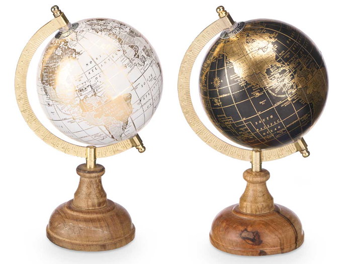 Giftdecor Globo Terraqueo 12,5 cm Blanco, Negro y Oro con Base de Madera y Metal (Set de 12)
