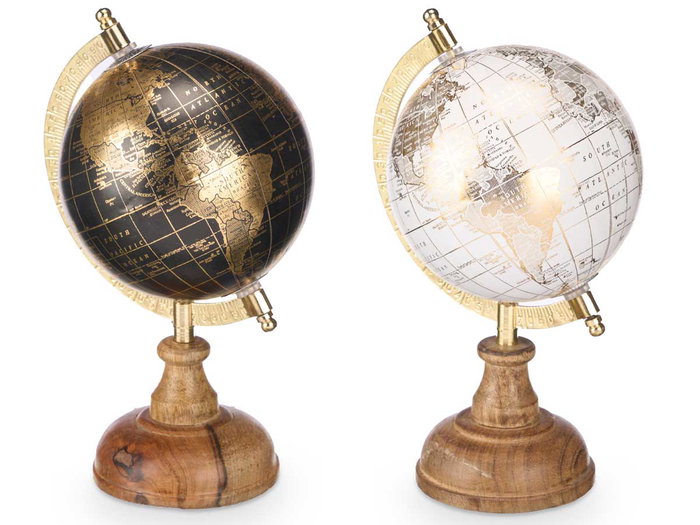 Giftdecor Globo Terraqueo 12,5 cm Blanco, Negro y Oro con Base de Madera y Metal (Set de 12)