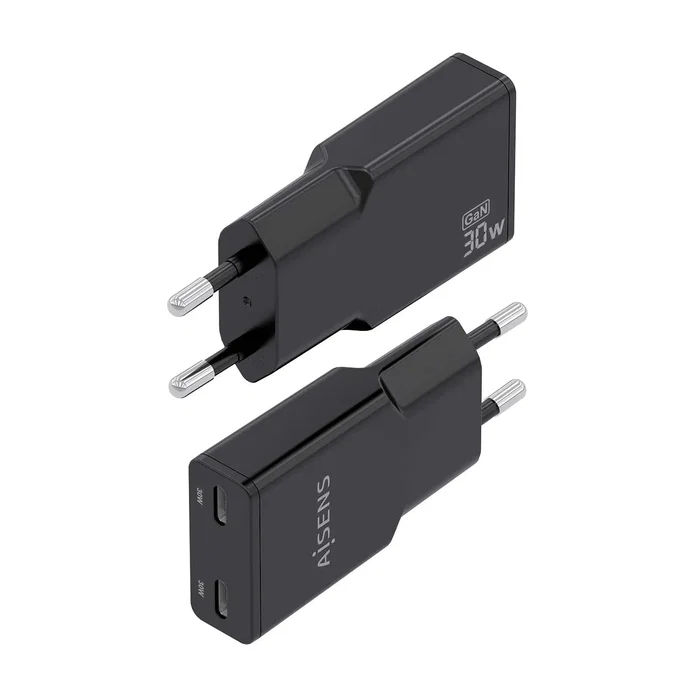 AISENS Cargador GaN Ultra Delgado 30W con 2 Puertos USB-C Negro