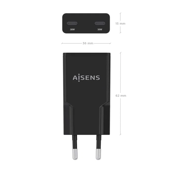 AISENS Cargador GaN Ultra Delgado 30W con 2 Puertos USB-C Negro