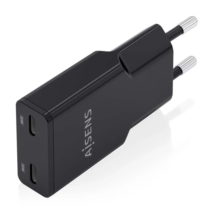 AISENS Cargador GaN Ultra Delgado 30W con 2 Puertos USB-C Negro