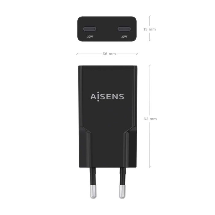 Aisens Cargador de Pared GaN 30W con 2x USB-C Negro ASCH-30W2P049-BK