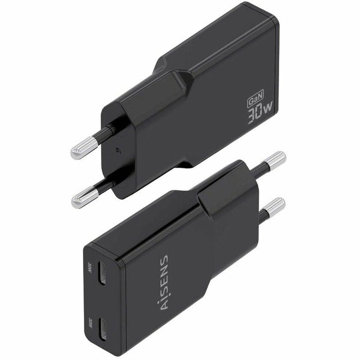 Aisens Cargador de Pared GaN 30W con 2x USB-C Negro ASCH-30W2P049-BK