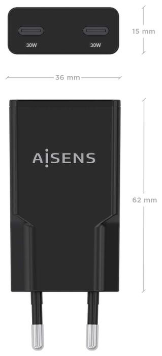 Aisens Cargador de Pared GaN 30W con 2x USB-C Negro ASCH-30W2P049-BK