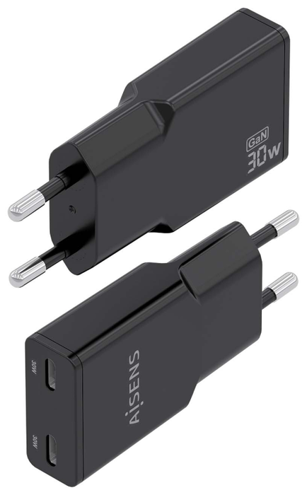 Aisens Cargador de Pared GaN 30W con 2x USB-C Negro ASCH-30W2P049-BK
