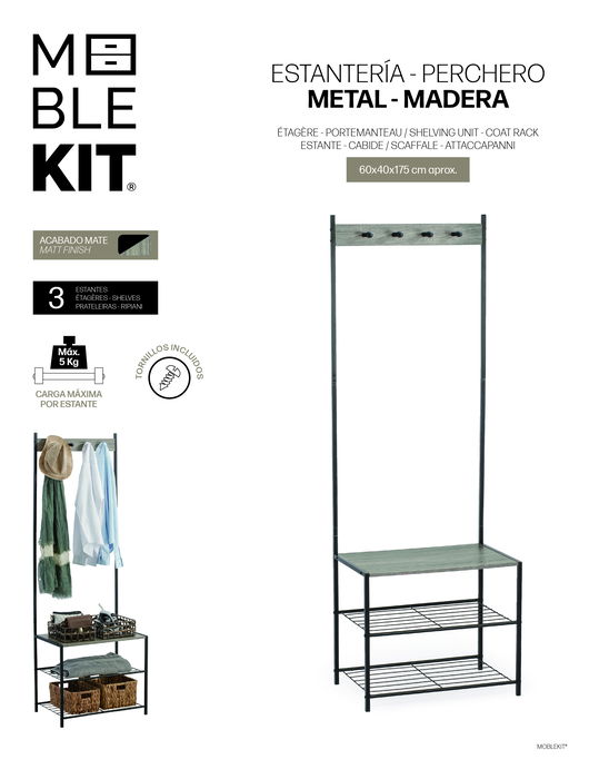 Inde Estantería Perchero Metal Madera Moblekit 60 x 40 x 175 cm (3 Unidades) Inde Estantería Perchero Metal Madera Moblekit 60 x 40 x 175 cm (3 Unidades)