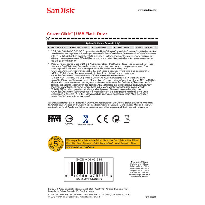 Sandisk Cruzer Glide 64GB USB 2.0 Negro