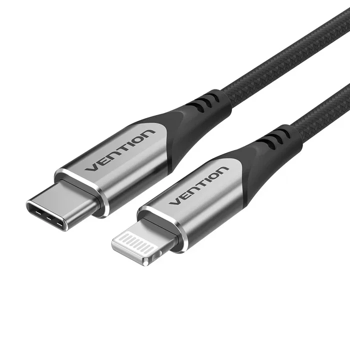 Vention Cable USB-C a Lightning 2m MFi Certificado - Nylon Trenzado, Aluminio, 480 Mbps, 3A para iPhone, iPad, Carga Rápida y Sincronización de Datos