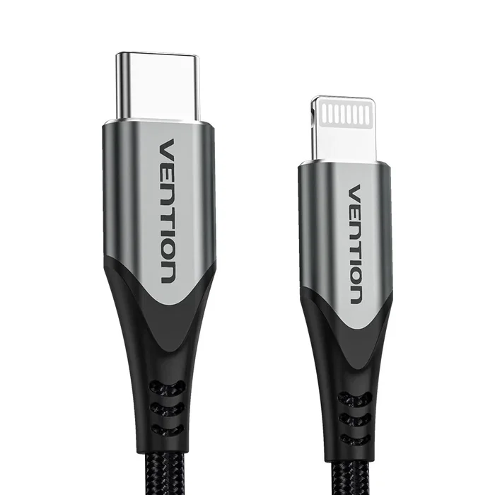Vention Cable USB-C a Lightning 2m MFi Certificado - Nylon Trenzado, Aluminio, 480 Mbps, 3A para iPhone, iPad, Carga Rápida y Sincronización de Datos