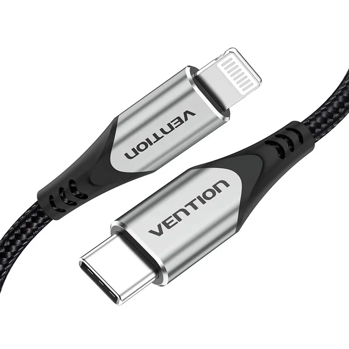 Vention Cable USB-C a Lightning 2m MFi Certificado - Nylon Trenzado, Aluminio, 480 Mbps, 3A para iPhone, iPad, Carga Rápida y Sincronización de Datos