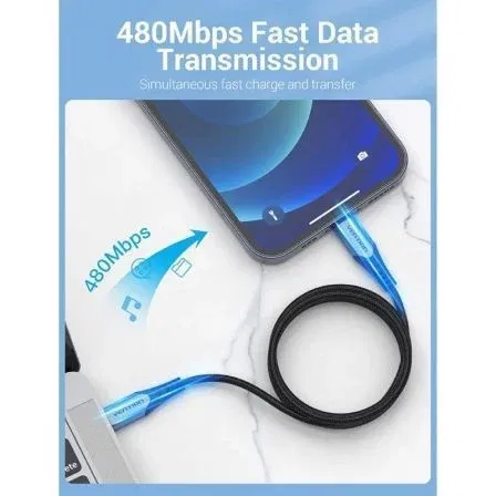 Vention TACHH Cable USB-C a Lightning Macho a Macho, Carga Rápida 3A, 480Mbps, 2m, Gris y Negro