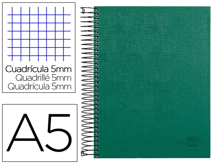 Liderpapel Cuaderno Espiral A5 Micro Papercoat Tapa Forrada 140 Hojas Cuadro 5mm Banda Verde Liderpapel Cuaderno Espiral A5 Micro Papercoat Tapa Forrada 140 Hojas Cuadro 5mm Banda Verde