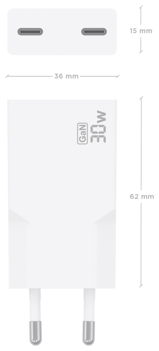 Aisens Cargador GaN 30W con 2x USB-C, Blanco