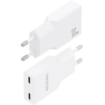 Aisens Cargador de Pared GaN Ultra Delgado 30W 2 Puertos USB-C PD3.0 PPS QC4.0 Blanco - Modelo A110-1003