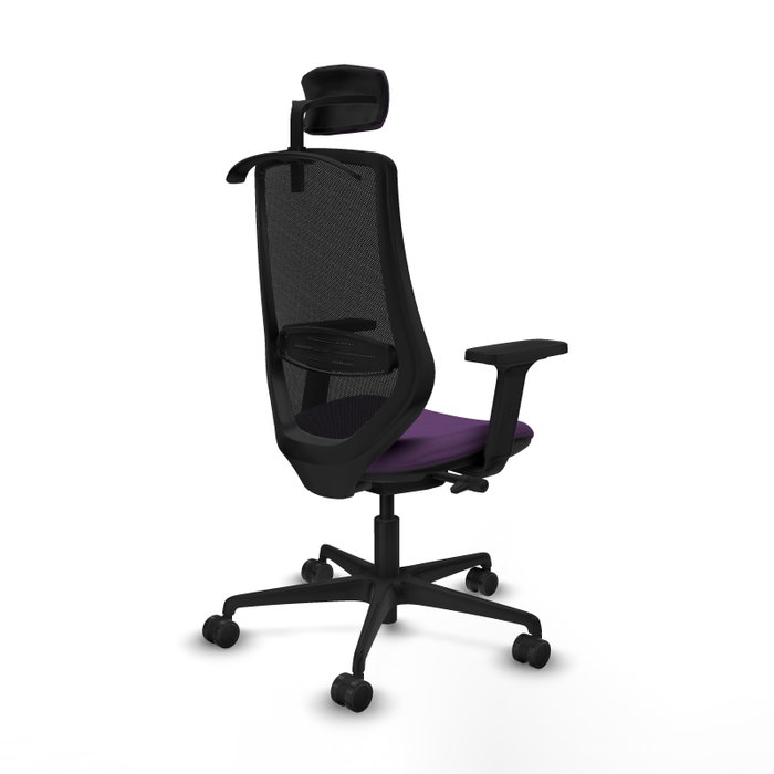Silla de oficina Mardos con mecanismo Sincro/Traslack tapizada con Tela color Morado y malla color Negro. Equipada con lumbar 1D, Brazos 2D, Cabecero 2D y Ruedas 65mm nailon