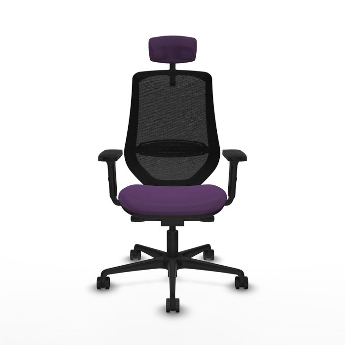 Silla de oficina Mardos con mecanismo Sincro/Traslack tapizada con Tela color Morado y malla color Negro. Equipada con lumbar 1D, Brazos 2D, Cabecero 2D y Ruedas 65mm nailon