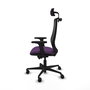 Silla de oficina Mardos con mecanismo Sincro/Traslack tapizada con Tela color Morado y malla color Negro. Equipada con lumbar 1D, Brazos 2D, Cabecero 2D y Ruedas 65mm nailon