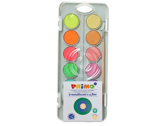 Primo Acuarela 8 Colores Metálicos + 4 Colores Neón con Pincel y Paleta de Mezcla en Estuche de Plástico Primo Acuarela 8 Colores Metálicos + 4 Colores Neón con Pincel y Paleta de Mezcla en Estuche de Plástico