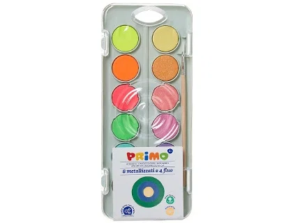 Primo Acuarela 8 Colores Metálicos + 4 Colores Neón con Pincel y Paleta de Mezcla en Estuche de Plástico Primo Acuarela 8 Colores Metálicos + 4 Colores Neón con Pincel y Paleta de Mezcla en Estuche de Plástico
