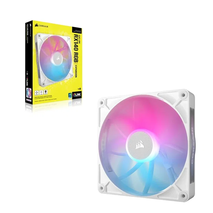 Corsair iCUE LINK RX140 RGB Ventilador para Carcasa 140 mm - Blanco (1 Unidad) - 140 x 140 x 25 mm, 300-1700 RPM, PWM, Rodamiento Magnético
