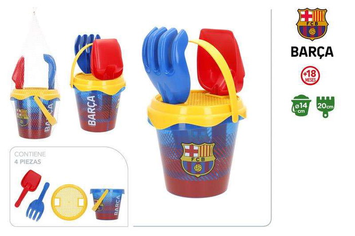 Color Baby - Cubo de playa Barcelona 14 cm con pala y rastrillo, juguete de arena para niños a partir de 12 meses