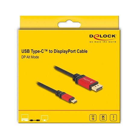 Delock Cable USB Type-C a DisplayPort (DP Alt Mode) 8K 60Hz HDR, 3m, Negro y Rojo, Conector Chapado en Oro, DP 1.4, Plug & Play, Envase para Colgar Delock Cable USB Type-C a DisplayPort (DP Alt Mode) 8K 60Hz HDR, 3m, Negro y Rojo, Conector Chapado en Oro, DP 1.4, Plug & Play, Envase para Colgar