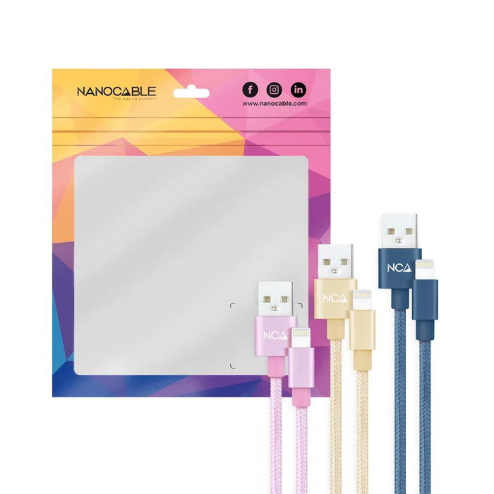Nanocable Pack de 3 Cables Lightning a USB-A Macho 10.10.0401-CO2, 1m, Colores Rosa, Dorado, Azul, para iPhone y iPad, USB 2.0, Plug & Play, Certificado RoHS