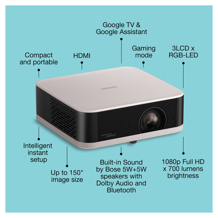 Epson EF-61R LifeStudio Pop Proyector Portátil 3LCD RGB-LED, 700 Lúmenes ANSI, Resolución Full HD 1080p (1920x1080), WiFi, Bluetooth, Google TV, Color Negro/Rosa