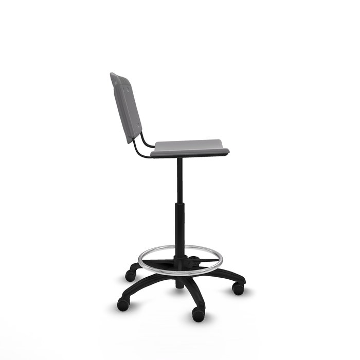 Taburete Robledo con mecanismo Giratorio de PVC color Gris claro. Equipado con Base poliamida negra, Sin brazos y Ruedas de parqué