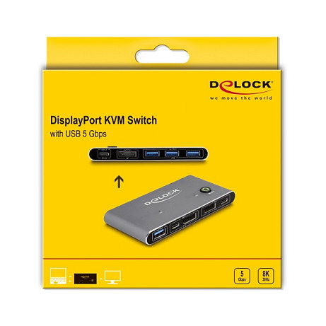 Delock Conmutador KVM Switch DisplayPort 8K Ultra HD 7680x4320 30 Hz, USB 5 Gbps, 3 Puertos DP, Carcasa Metal Antracita