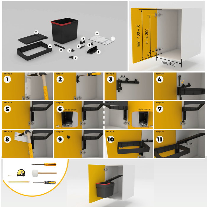 Emuca Contenedor de reciclaje para fijación a la puerta del mueble Recycle, 1 vaso extraíble de 15 litros, Plástico gris antracita