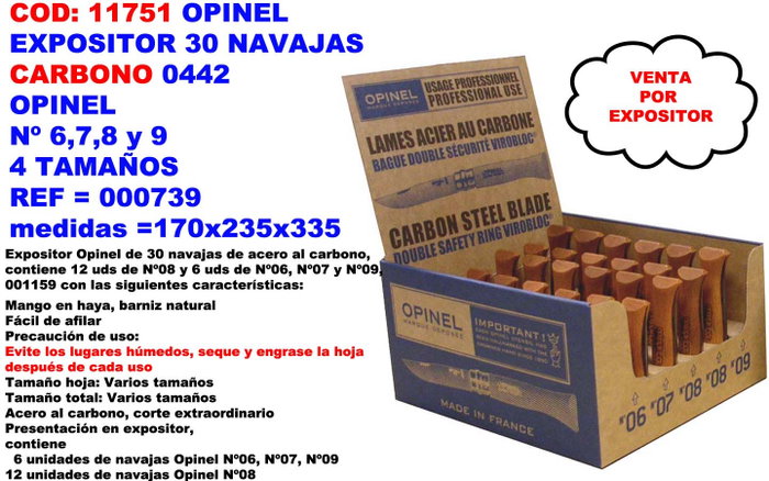 Opinel Expositor de navajas de acero al carbono, 30 uds Opinel Expositor de navajas de acero al carbono, 30 uds