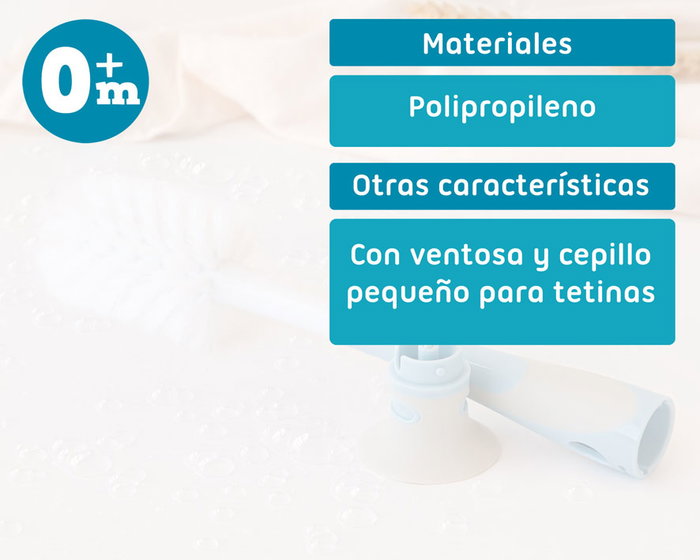 KioKids Cepillo Limpiador para Biberones, Tetinas y Botellas con Ventosa - Color Azul y Gris - Material Polipropileno (PP)