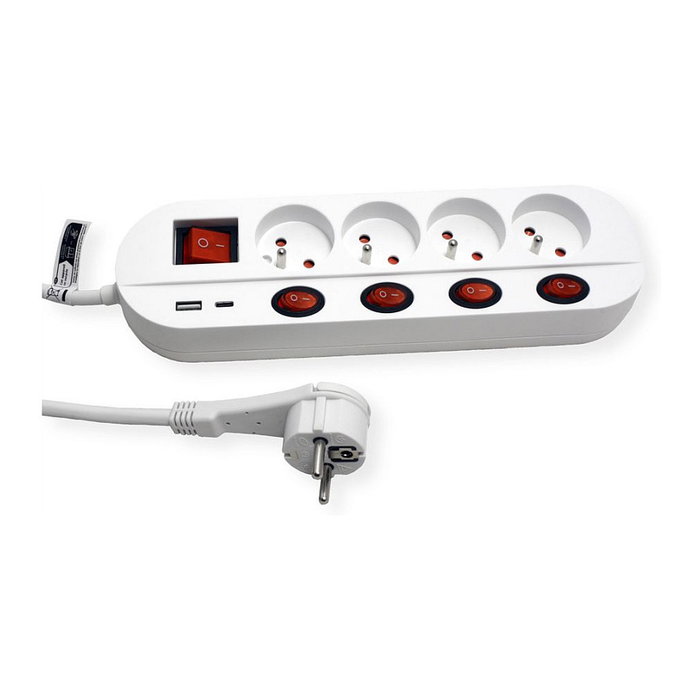 ROLINE 4-fach Steckdosenleiste con Interruptor, 1.5 m, USB A+C Cargador, 4 Tomas AC, Blanco, ROLINE 19.07.2346, UTE Version, Enchufe Angular Type EF (CEE 7/7) para Interior