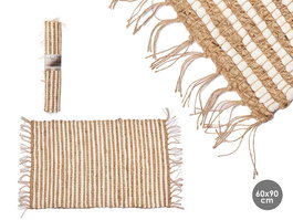 Giftdecor Alfombra Natural Doble Raya Blanco y Natural 60 x 90 cm Yute y Algodón (Set de 12)