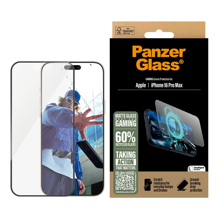 PanzerGlass GAMING SCREEN Protector de Pantalla de Vidrio Templado para iPhone 16 Pro Max - Ultra-Wide Fit, Antirreflectante y Oleofóbico