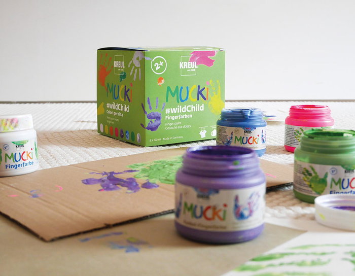 Kreul Set 8 botes de pintura para dedos MUCKI Premium wildChild de 150ml cada uno