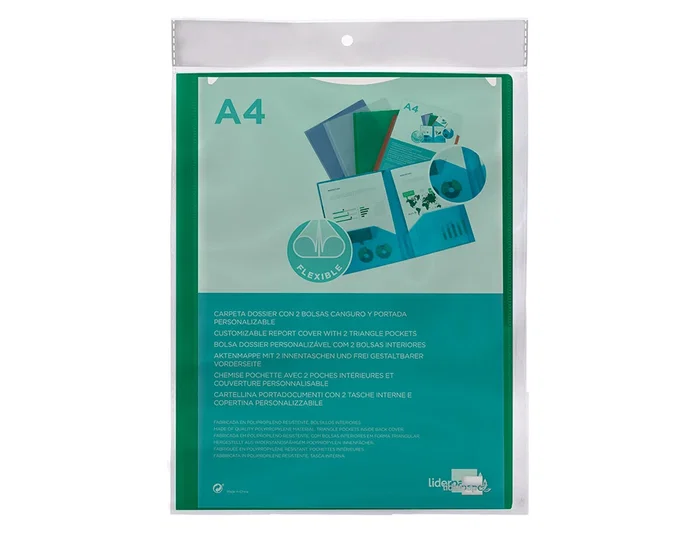 Carpeta Liderpapel 45683 Dossier Dos Bolsas Canguro Polipropileno DIN A4 Verde 10x305x235 mm
