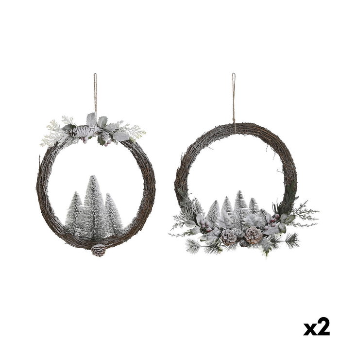 DKD Home Decor Surtido de 2 Coronas de Mimbre con Diseño de Piña y Acabado Nevado