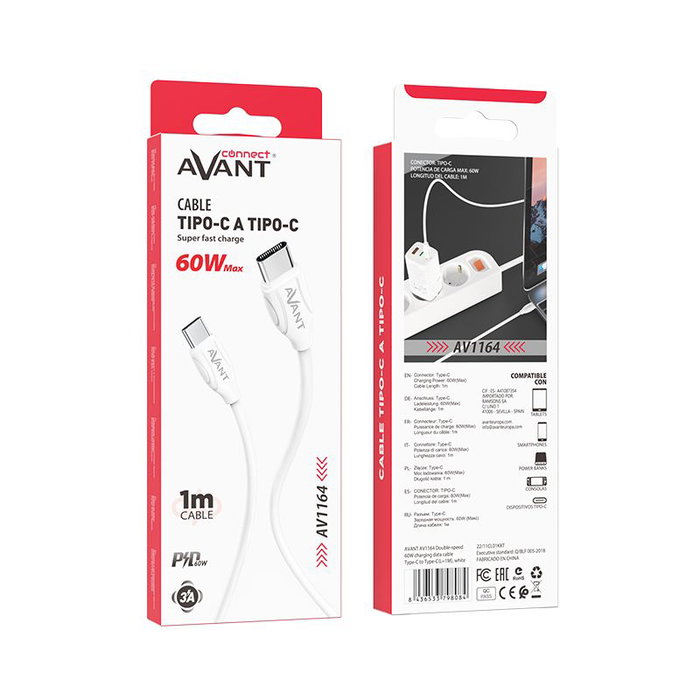AVANT CONNECT Cable USB Tipo C a Tipo C, Carga Rápida 3A, 60W PD para Cargador Móvil, Tableta, Laptop