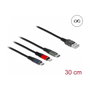 DeLOCK Cable de carga 3 en 1 USB-A a Lightning, Micro USB y USB Type-C, 30 cm, Multicolor