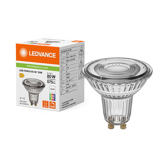 OSRAM 4099854456312 Lámpara LED Reflectora PAR16 6.1W Dimmable 575 lm Equivalente 80W Ángulo 36° Blanco Frío GU10