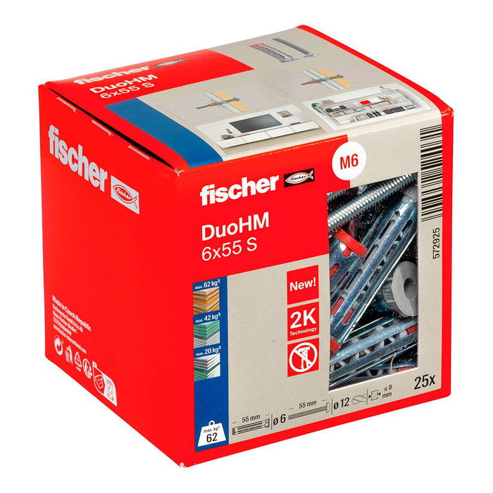 Fischer Tacos Duo HM Ø6 x 55 mm + Tornillos Ø12 x 55 mm, Caja 25 uds Fischer Tacos Duo HM Ø6 x 55 mm + Tornillos Ø12 x 55 mm, Caja 25 uds