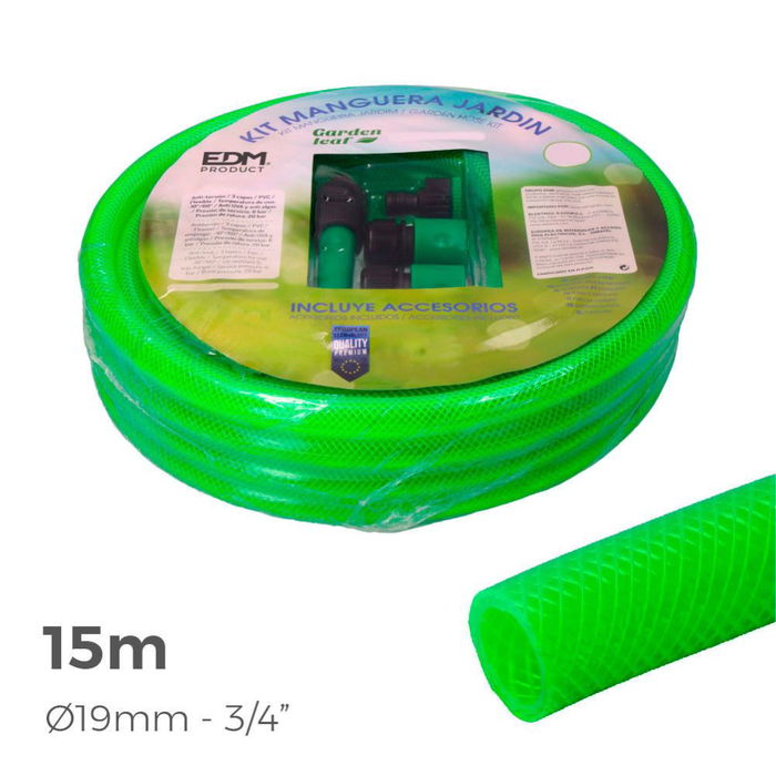 Edm Kit Manguera de Jardín Estándar Ø19 mm, ¾ pulg, 15 m - PVC Flexible 3 Capas Anti-Algas Verde Fluor, Incluye Accesorios