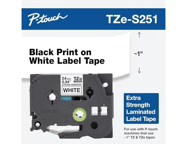 Brother TZe-S251 Cinta Laminada Súper Adhesiva Negro sobre Blanco 24mm x 8m Brother TZe-S251 Cinta Laminada Súper Adhesiva Negro sobre Blanco 24mm x 8m