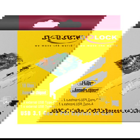 DeLOCK Tarjeta PCIe Express USB 3.2 Gen 1 (90299) x4 con 1x USB-C 3.1 Gen2 + 1x USB-A 3.1 Gen2, 10 Gbit/s, Interna, Chip Asmedia ASM3142