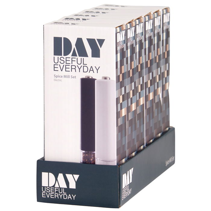 Day Juego de 2 Molinillos Eléctricos Sal/Pimienta Blancos y Negros con Pulsador Superior Day Juego de 2 Molinillos Eléctricos Sal/Pimienta Blancos y Negros con Pulsador Superior