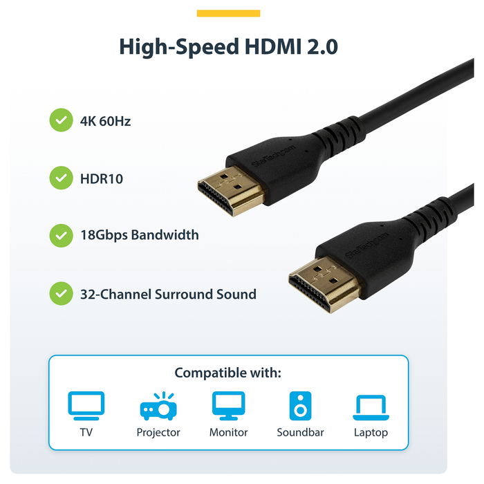 StarTech Cable HDMI 2.0 1m Premium Alta Velocidad RHDMM1MP, 4K UHD 60Hz, HDR, ARC, Ethernet, para TV y Monitores
